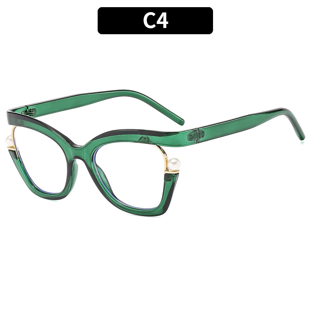 Wholesale PC Anti Blue Light Pearl Decorative Eyeglass Frames with Flat Lenses